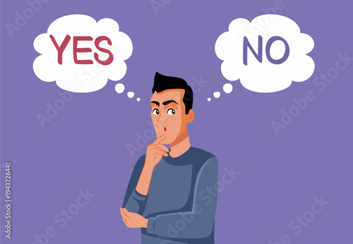 Man Deciding Between Yes and No Options Vector Cartoon. Guy thinking between positive or negative answer to a problem 