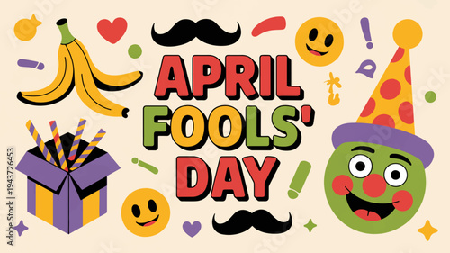 Colorful april fools' day graphic with festive illustrations and emojis on beige background