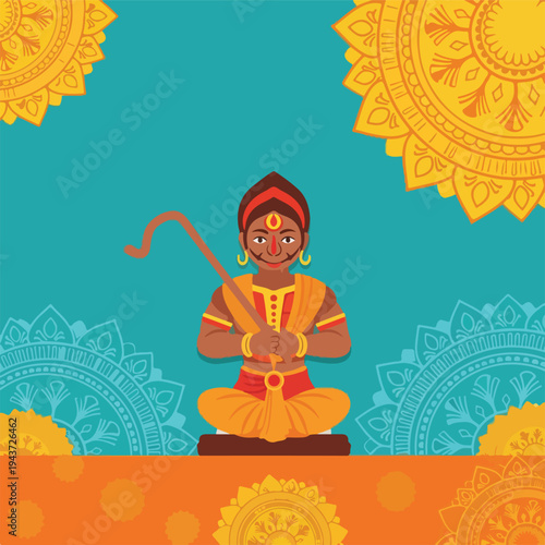 Illustration of a cartoon character holding a stick, sitting in a lotus pose