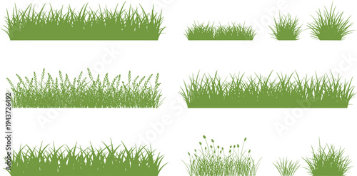 A versatile collection of fresh green grass design elements, showcasing various styles of natural borders and ground illustrations ideal for spring and summer graphic projects
