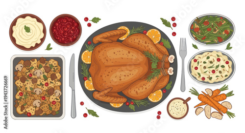 Thanksgiving Feast: Roasted Turkey with Side Dishes, Festive Food Illustration