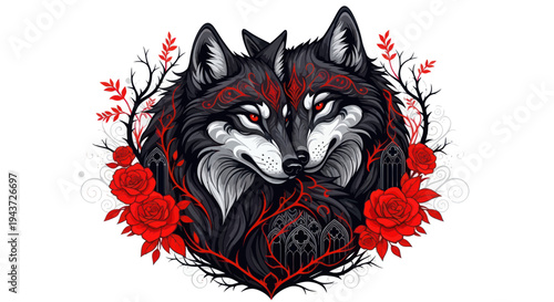 Two Wolves Embraced by Red Roses and Thorny Branches - Dark Fantasy Art