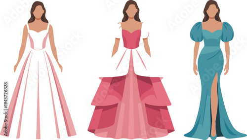 Elegant princess dress vector set with women wearing colorful ball gowns evening dresses fairy tale fashion illustration