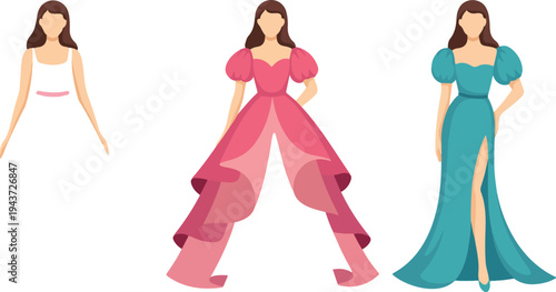 Elegant princess dress vector set with women wearing colorful ball gowns evening dresses fairy tale fashion illustration