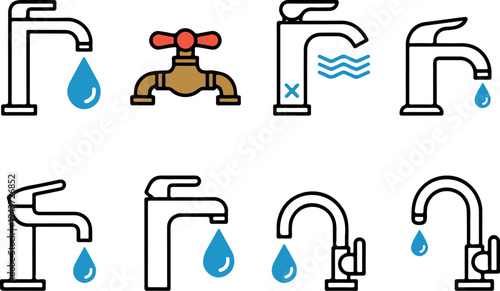 Set of modern and retro water faucet and tap icons representing plumbing systems water supply maintenance and conservation concepts