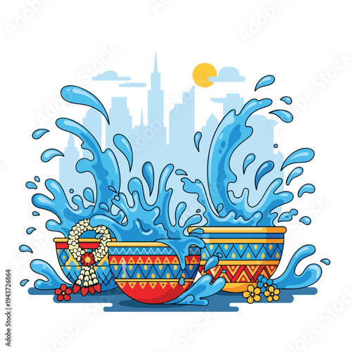 Illustration of water bowls overflowing, city skyline background, sunny