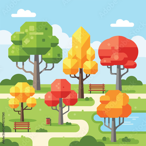 Pixelated illustration of a park with trees, benches, sky, and water