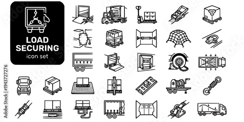 Truck Loading Securing Bold Line Icons-Dock Leveler Forklift Ratchet Strap Dunnage Cargo Net Tail Lift Chock-25 Loading Icons Set Vector - Cargo Securing Icons