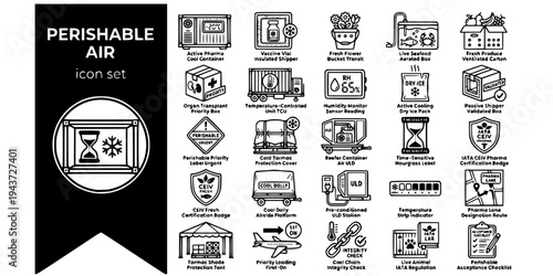 Perishable Air Cargo Bold Line Icons-Pharma Vaccine Seafood Flower Organ TCU CEIV Dry Ice Humidity Tarmac Protection-25 Perishable Air Cargo Icon Set Vector