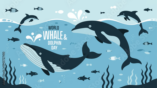 Whales and dolphins swim together in ocean with seaweed and schools of fish underwater