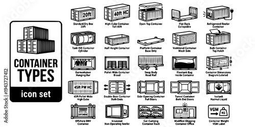 Shipping Container Types Bold Line Icons-Standard Dry High Cube Open Top Flat Rack Reefer Tank Flexitank Garmentainer-25 Container Types Icon Set Vector