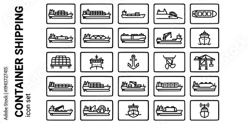Container Shipping Vessel Types Bold Line Icons-ULCV Feeder RoRo Bulk Tanker LNG Car Carrier Heavy Lift Panamax-25 Container Shipping Icon Set Vector