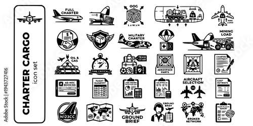 Charter Project Air Cargo Bold Line Icons-Exclusive Charter OOG Heavy Lift Military Humanitarian Mining Oil Gas Event-25 Charter Cargo Icon Set Vector