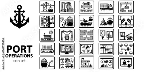 Port Terminal Operations Bold Line Icons-STS Crane RTG Straddle Carrier Tug Pilot Berth Gate AGV TOS VTS Shore Power-25 Port Operations Icon Set Vector