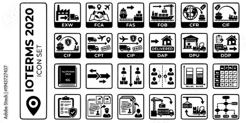 Incoterms 2020 Trade Terms Bold Line Icons-EXW FCA FOB CIF DAP DDP CPT CIP DPU Risk Transfer Seller Buyer Split-25 Incoterms Icon Set Vector