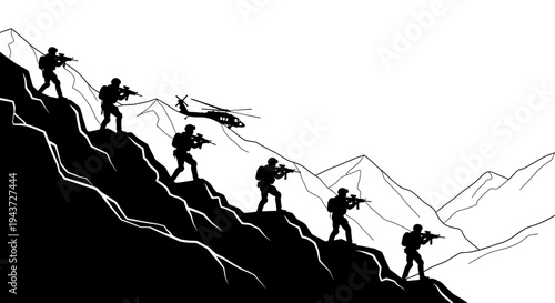 Military helicopter drops soldiers on a steep mountain slope, tactical operation, combat readiness