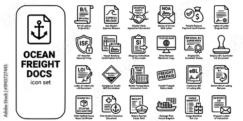 Ocean Freight Documentation Bold Line Icons-Bill of Lading Sea Waybill ISF NOA LOI IMO eBL VGM Telex Release-25 Ocean Docs Icon Set Vector