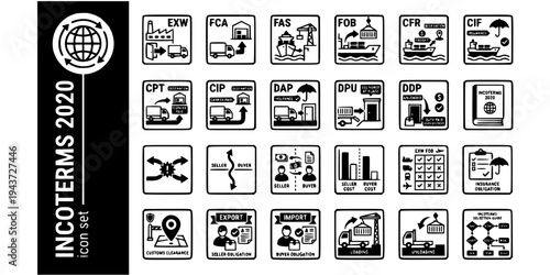 Incoterms 2020 Trade Terms Bold Line Icons-EXW FCA FOB CIF DAP DDP CPT CIP DPU Risk Transfer Seller Buyer Split-25 Incoterms Icon Set Vector