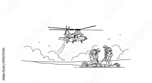 Military Helicopter Rescue Operation with Medics Saving Injured Soldier