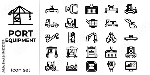 Port Equipment Machinery Bold Line Icons-Quay Crane Reach Stacker RTG RMG ASC Straddle Carrier Ship Loader Grab Crane-25 Port Equipment Icon Set Vector