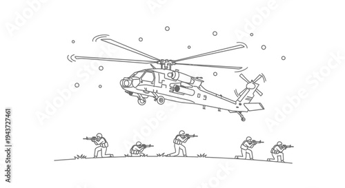 Military Helicopter Landing with Soldiers on Ground, Combat Scene, Warfare Illustration