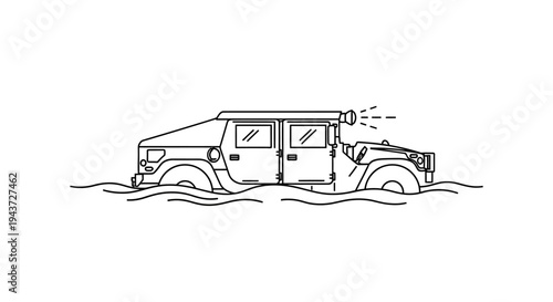 Military Humvee Driving Through Water - Line Art Illustration