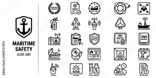 Maritime Safety Compliance Bold Line Icons-SOLAS ISM ISPS EPIRB GMDSS PSC AIS Immersion Suit Lifeboat MOB VSAS-25 Maritime Safety Icon Set Vector