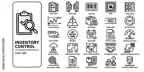 Inventory Management Control Bold Line Icons-Cycle Count RFID Barcode SKU ABC Analysis FIFO Safety Stock VMI Slotting-25 Inventory Management Icon Set Vector