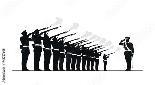 Military Salute: Soldiers Firing Rifles in Formation, Officer Saluting