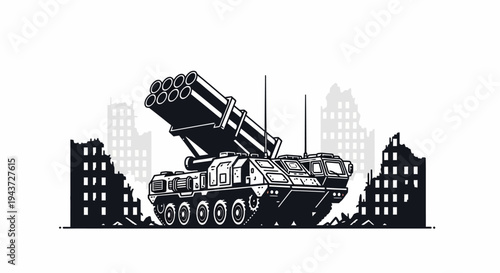 Military Rocket Launcher Vehicle in Destroyed City