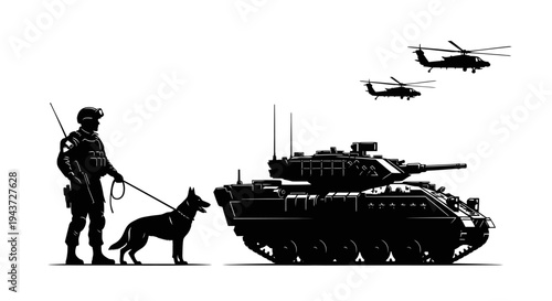 Military Soldier with Guard Dog and Armored Vehicle, Helicopters Flying Overhead