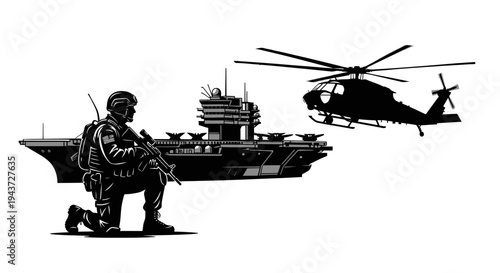Military Soldier, Aircraft Carrier, and Helicopter Silhouette - Modern Warfare and Defense
