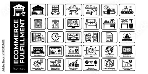 E-Commerce Fulfillment Center Bold Line Icons-Goods-to-Person Sortation Cartonization Click-Collect Returns Dark Store Peak Season-25 Ecommerce Fulfillment Icon Set Vector