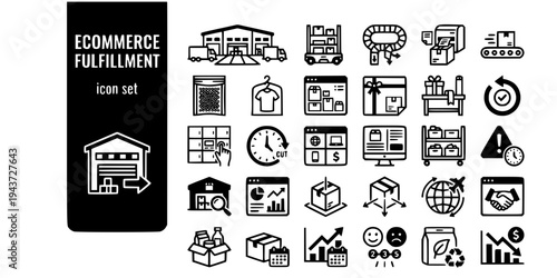 E-Commerce Fulfillment Center Bold Line Icons-Goods-to-Person Sortation Cartonization Click-Collect Returns Dark Store Peak Season-25 Ecommerce Fulfillment Icon Set Vector