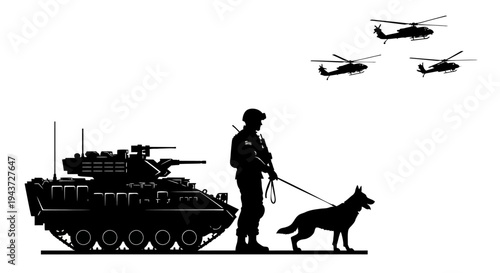 Military Soldier, Guard Dog, Armored Vehicle, and Helicopters Silhouette