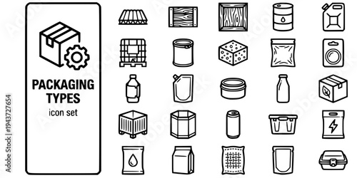 Packaging Types Materials Bold Line Icons-Corrugated Drum IBC Jerrycan Vacuum Blister Shrink Sleeve Kraft Retort Clamshell-25 Packaging Types Icon Set Vector