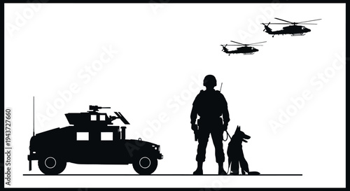 Military Soldier, Guard Dog, Humvee, and Helicopters Silhouette