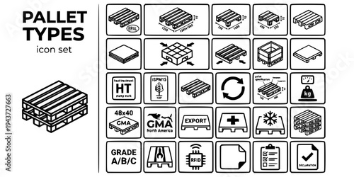 Pallet Types Specifications Bold Line Icons-EPAL EUR GMA Block Stringer Plastic Presswood ISPM15 Pooling Collar Hygienic-25 Pallet Types Icon Set Vector