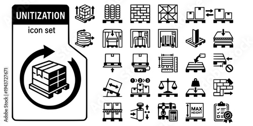 Unitization Load Building Bold Line Icons-Column Stack Brick Pinwheel Stretch Wrap Hood Strapping Corner Board Slip Sheet-25 Unitization Icon Set Vector