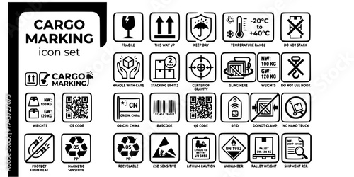Cargo Labeling Marking Bold Line Icons-Fragile This Way Up Keep Dry No Stack Handle Care Barcode QR RFID Lithium Battery-25 Cargo Marking Icon Set Vector