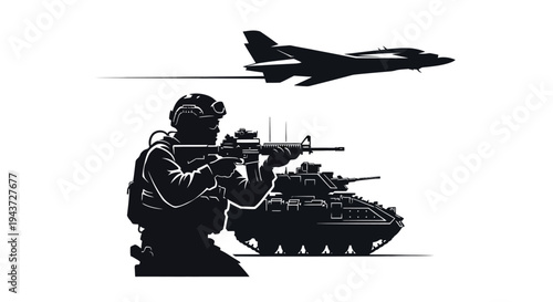 Military Soldier, Tank, and Jet Fighter in Silhouette - Modern Warfare and Defense Concept