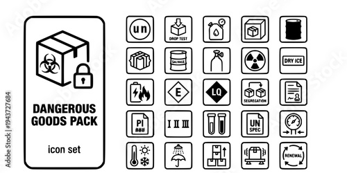 Dangerous Goods Packaging Compliance Bold Line Icons-UN Certified Leakproof Radiological Lithium Battery EQ LQ Salvage Drum Packing Group-25 DG Packaging Icon Set Vector