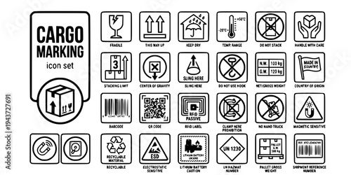 Cargo Labeling Marking Bold Line Icons-Fragile This Way Up Keep Dry No Stack Handle Care Barcode QR RFID Lithium Battery-25 Cargo Marking Icon Set Vector