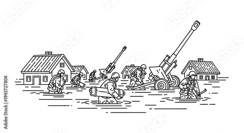 Military soldiers in floodwaters operating artillery near houses, war scene illustration