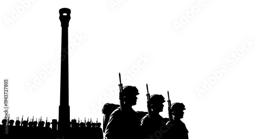 Military soldiers in silhouette with rifle and monument against bright sky