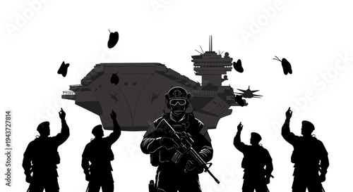 Military Soldiers Juggling Grenades with Aircraft Carrier Background