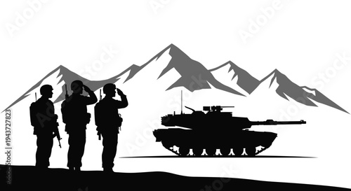 Military Soldiers Saluting Beside Tank with Mountain Landscape Background