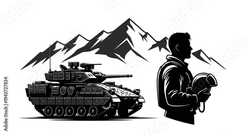 Military Tank and Soldier Silhouette with Mountain Background - Vector Art