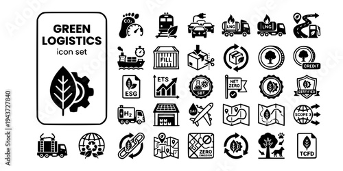 Green Logistics Sustainability Bold Line Icons-EV Fleet SAF Hydrogen Slow Steaming Modal Shift Net Zero SBT ETS Scope 3 Carbon-25 Green Logistics Icon Set Vector