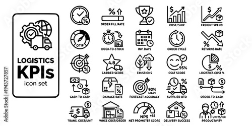 Logistics KPIs Performance Metrics Bold Line Icons-OTD OTIF Fill Rate Perfect Order CSAT Cash-to-Cash Forecast Accuracy NPS Carbon-25 Logistics KPIs Icon Set Vector